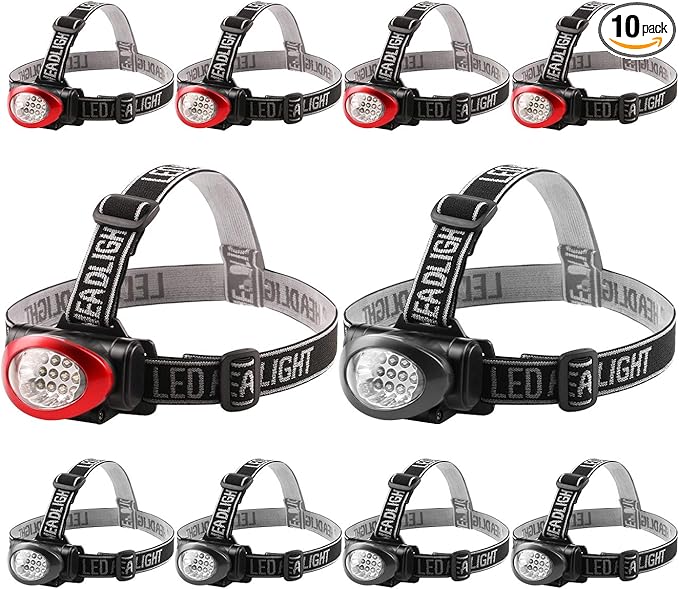 Lichamp Headlamp, 10 Pack 12 LED 3 Mode Portable Head Lamp Flashlight, Outdoor Lightweight Durable Headlight for Running, Camping, Reading, Fishing, Hunting, Walking, Jogging, Black + Red Color