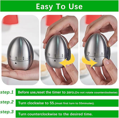 Stainless Steel Mechanical Kitchen Timer, Classic Egg Shape 60-Minute Manual