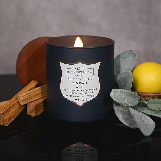 Manly Indulgence Vintage Oak Scented Candles for Men, 15 oz Wooden Wick, Premium Soy Blend Wax, 60H Burn, Candles for Home Scented - Made in The USA