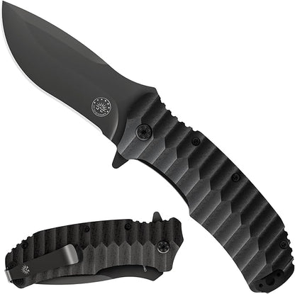 Off-Grid Knives - Rapid Fire Blackout - Large Folding Knife for Camping & EDC, Cryogenic D2 Blade Steel, Titanium Nitride Coating with G10 Scales & Deep Carry Clip