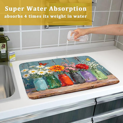 Dish Drying Mat for Kitchen Counter 18x24, Spring Summer Floral Decorative
