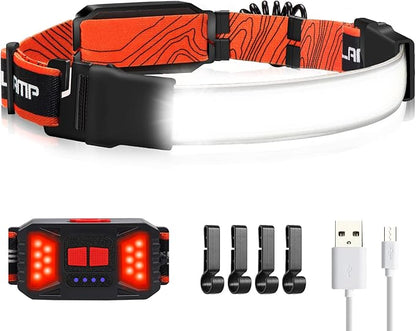 Adelante LED Headlamp Flashlight, 1000LM 230°Wide-Beam Rechargeable Head Lamp for Adults, Red Taillight & 4 Clips Waterproof Hard Hat Light Headlamps for Running Hiking and Camping
