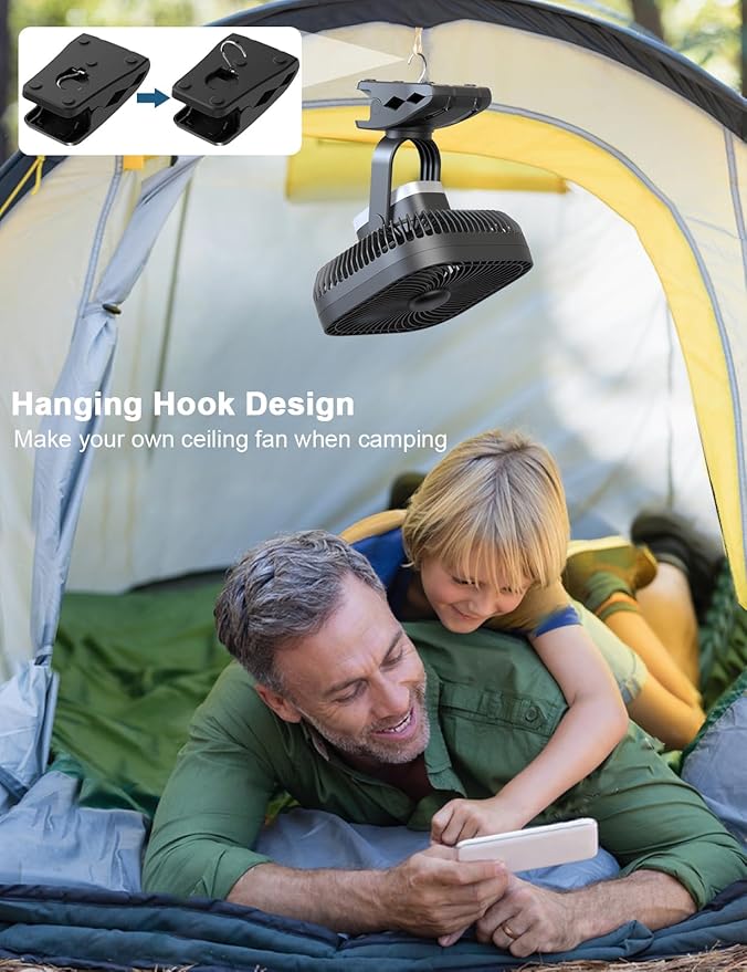 SLENPET 20000mAh Rechargeable Portable Clip on Fan, Last 78 hrs, 4 Speeds Camping Fan, Battery Operated Desk Fan with Light & Hook, 8 inch Personal Fan for Outdoor Golf Cart Stroller Camping
