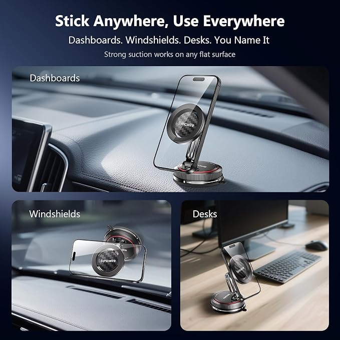 SYNCWIRE for MagSafe Car Mount [2-Axis Design] Nano Adhesive Gel + Suction Cup Magnetic Phone Holder for Dashboard & Windshield, 360° Adjustable for iPhone 17 16 15 14 13 12 11, Samsung, Carbon Fiber