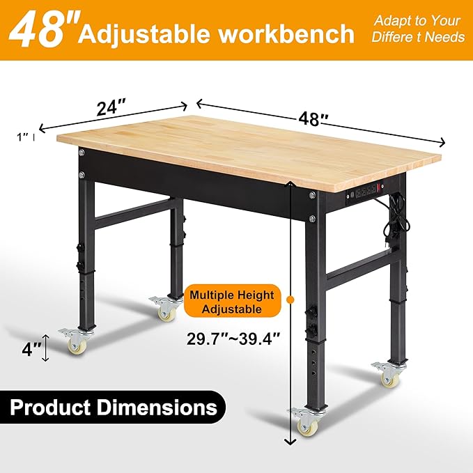 48" Adjustable Work Bench, Rubber Wood Top Workbench Heavy-Duty Work Table with Power Outlet,workbenches Wheels, 2000 LBS Load Capacity Hardwood Work Benches for Garage, Workshop, Home, Office