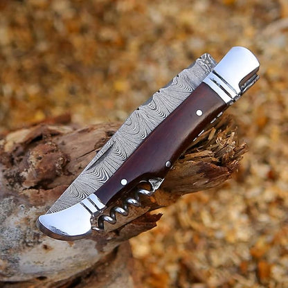 6.5 inch Damascus Pocket Knife with Sheath, Handmade Folding Pocket Knife for Men, Black-Red Wooden Handle with Brass Bolster, Secure Lock Back Camping Knife for EDC,Hunting,Hiking (Legual)