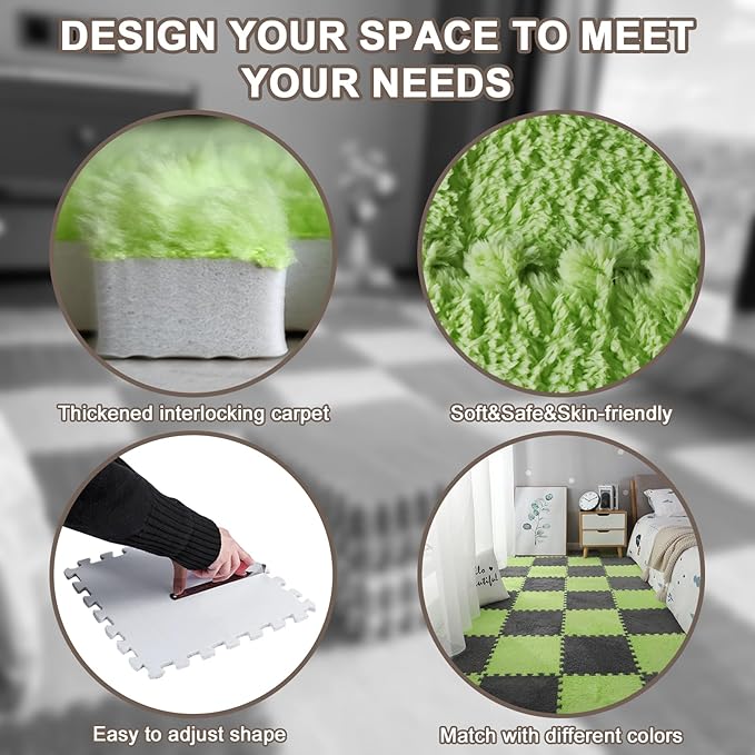16pcs 0.6" Thickened Interlocking Tile Mats,Fluffy Shaggy Soft EVA Foam Area Rug for Living Room & Bedroom,Non-Slip Protective Floor Carpet Play Mat Kids Baby Dorm Home Decor (11.8ft, Green)