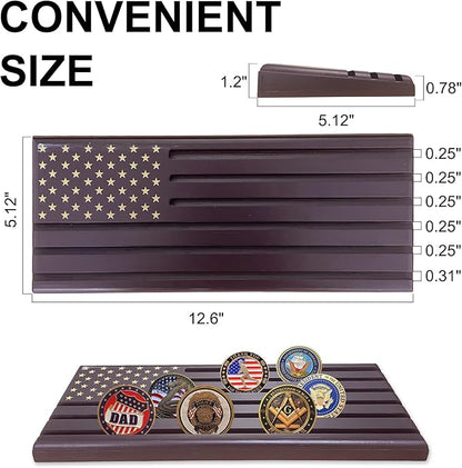 6-Row Military Challenge Coin Display Stand - Challenge Coin Holder with Rustic, Coin Holders for Collectors Organize Medals & Memorabilia - Coin Holder for Home, Office, Showcase (Holds 30-36 Coins, American Flag ) (Brown)