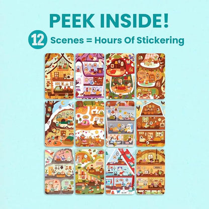 Cozy Homes of Furry Friends Sticker + Coloring Book (500+ Calendar Stickers for Kids & 12 Coloring Pages) Side by Side Activity Book, Fun Sticker Books, Boys & Girls Ages 2-4 4-8, 8-10