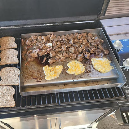 Universal Stainless Steel Griddle Flat Top Plate Grill-Top Griddle Pan with Even Heating Cross Bracing for BBQ Charcoal/Gas Grills, Camping, Tailgating, and Parties (17"*13")