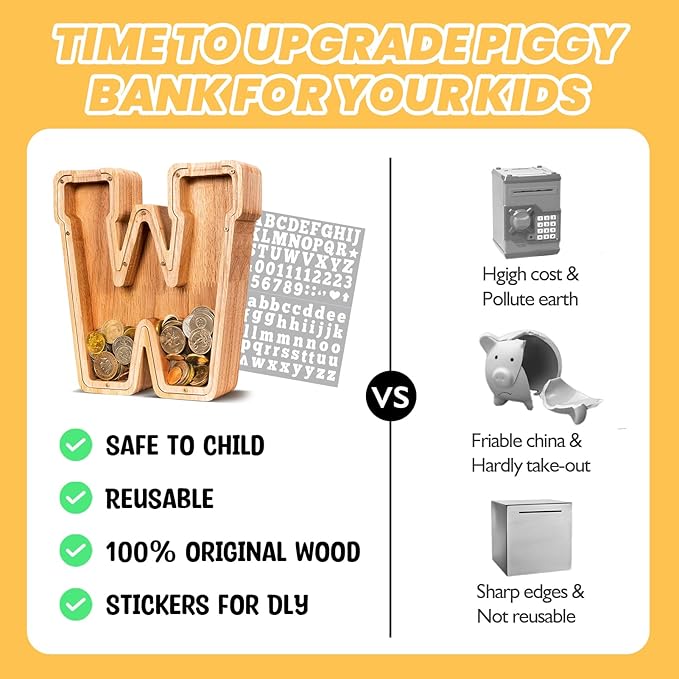 KMC Wooden Letter Piggy Bank, Personalized Initial Piggy Bank for Kids Boys, Clear Alphabet W Wood Money Box, Unbreakable Coin Saving Jar, Birthday, for Children