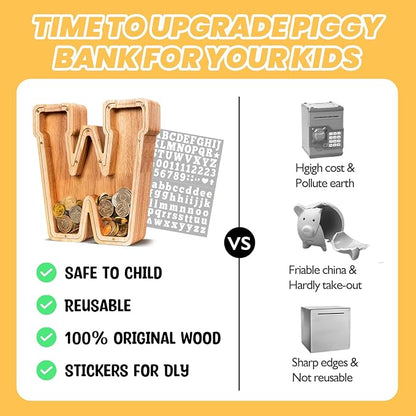 KMC Wooden Letter Piggy Bank, Personalized Initial Piggy Bank for Kids Boys, Clear Alphabet W Wood Money Box, Unbreakable Coin Saving Jar, Birthday, for Children