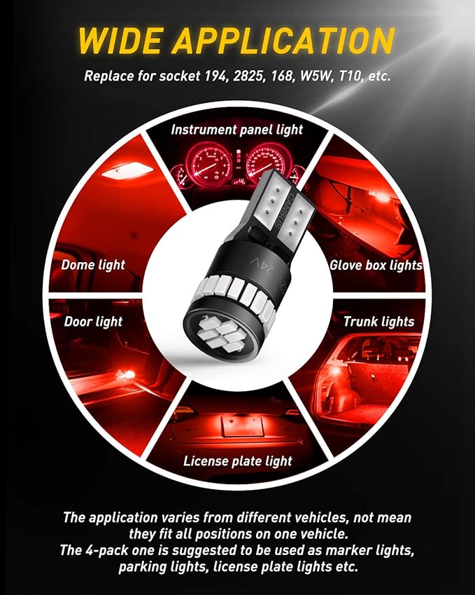 AUXITO Brilliant Red 194 LED Bulbs 168 2825 W5W T10 Wedge LED Replacement Light Kit for Car Dome Map Door Parking License Plate Marker Lights, Pack of 10