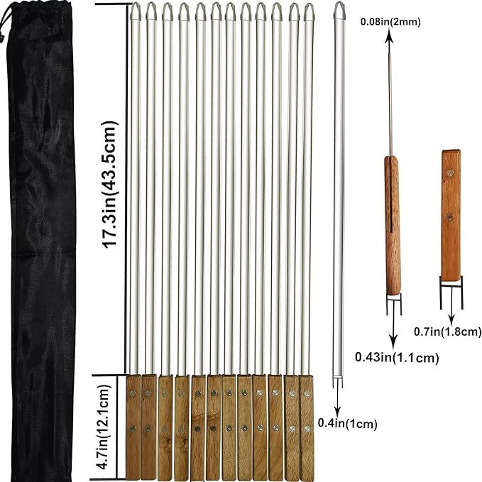 12 Pack Kebab Skewers BBQ Barbecue Skewers Stainless Steel Flat Sticks 22 Inch Heavy Duty Large Wide Reusable with Nonslip Wooden Handle Ideal for Shish Kabob Chicken Shrimp and Vegetables
