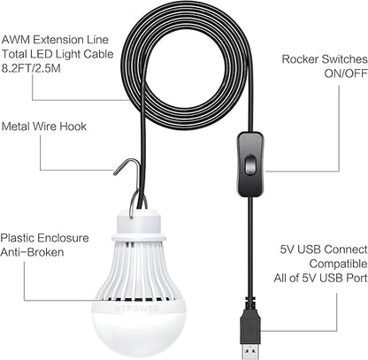 2 Pack USB Light Bulb, USB LED Camping Light Lantern, 8.2 ft Extra Length Cord Tent Light with USB Y-Cable, Portable LED Bulb for Garage Warehouse Car Truck Fishing Boat Room Emergency Light, White