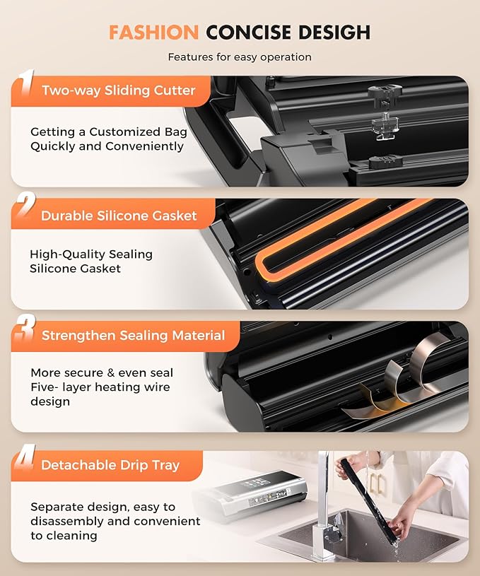 90KPa Portable Vacuum Sealer Machine for Food, One-Touch Open Lid, Detachable & Easy to Clean, Vertical Placement Saves Space, Powerful Suction for Freezer Bags & Food Storage