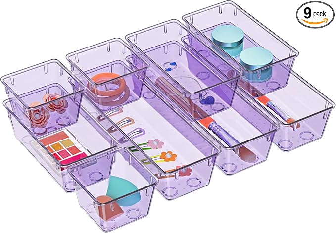 WOWBOX 9 Pack Clear Drawer Organizer Set, Acrylic Drawer Storage Trays