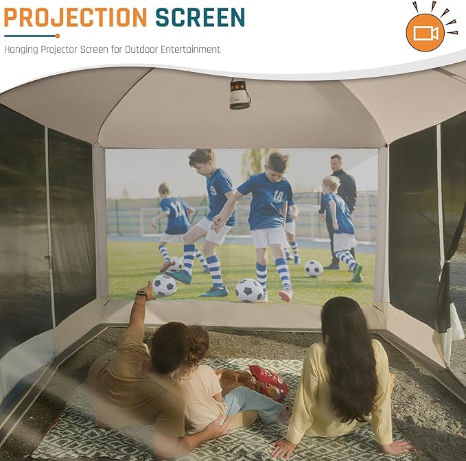 Screen House Tent 13x9ft Screen Room Mesh Gazebos w/ 2 Magnetic Doors, Included Projection Screen, Camping Tent Screened Canopy Shelter for Outdoor Patios Backyards Activities (Beige)