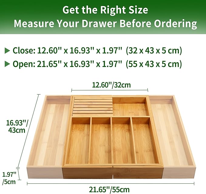 VaeFae Bamboo Silverware Drawer Organizer Kitchen, Expandable Utensil Organizer