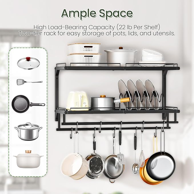 CHOEZON Pot Rack, Wall Mounted Pan Holder, 2-Tier Pot and Pan Organizer