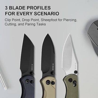 Kizer Drop Bear 2 Pocket Knife, 2.96" Nitro-V Sheepsfoot Blade Folding Knife with Blue Richlite Handle, Button Liner Lock EDC Knives with Jimping on Spine for Men Women V3619.2CS1