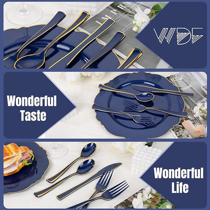 WDF 180PCS Blue Plastic Silverware -Blue and Gold Plastic Cutlery 60 Forks, 60 Knives, 60 Spoons - Heavy Duty Disposable Silverware for Party/Wedding/Space Themed Birtyday Party