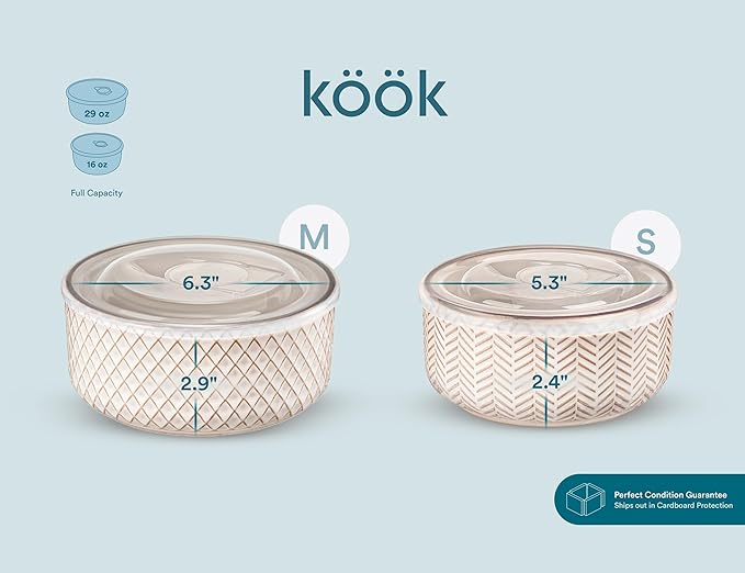 KooK Serving Bowls, with Lids, Ceramic Nesting Bowls, Microwave and Dishwasher