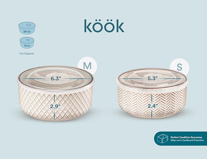 KooK Serving Bowls, with Lids, Ceramic Nesting Bowls, Microwave and Dishwasher