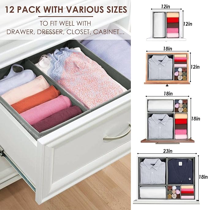 12 Pack Drawer Organizers for Clothing, Foldable Clothes Storage Box Closet