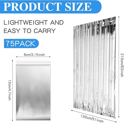 Macarrie 75 Pack Emergency Foil Thermal Blankets - Silver Foil Survival Blanket Space Blanket Kit for Outdoors, Camping, Hiking, Homeless, First Aid