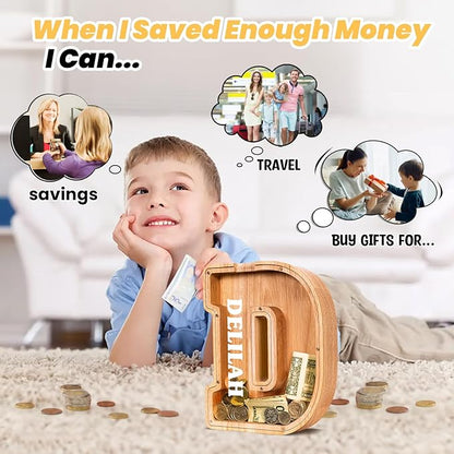 KMC Wooden Letter Piggy Bank, Personalized Initial Piggy Bank for Kids Boys, Clear Alphabet D Wood Money Box, Unbreakable Coin Saving Jar, Birthday, for Children