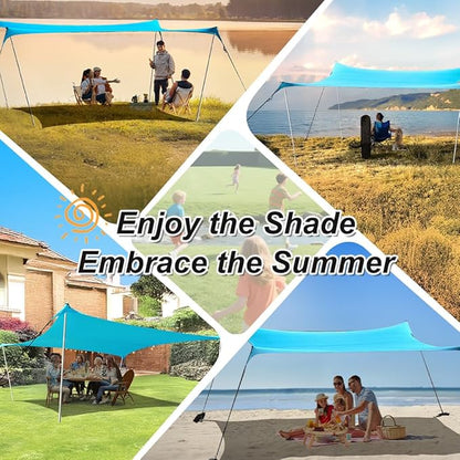 10×10ft UPF50+ Beach Tent Sun Shelter, Windproof Stable Outdoor Pop Up Beach Shade Canopy for Camping, Fishing, Backyard Fun or Picnics, 4 Poles