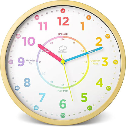 LittleHippo Learning Clock for Kids for Teaching to Tell Time - Kid's Analog, Silent, Non-Ticking Wall Clock for Bedrooms, Nursery, Playroom, School Classroom, Study to Learn to Tell Time