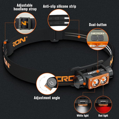 NICRON H15T Headlamp Rechargeable, 500 Lumens LED Headlamp with Red Light, IP67 Waterproof 8 Modes Head Leamps for Camping Running Fishing Adults