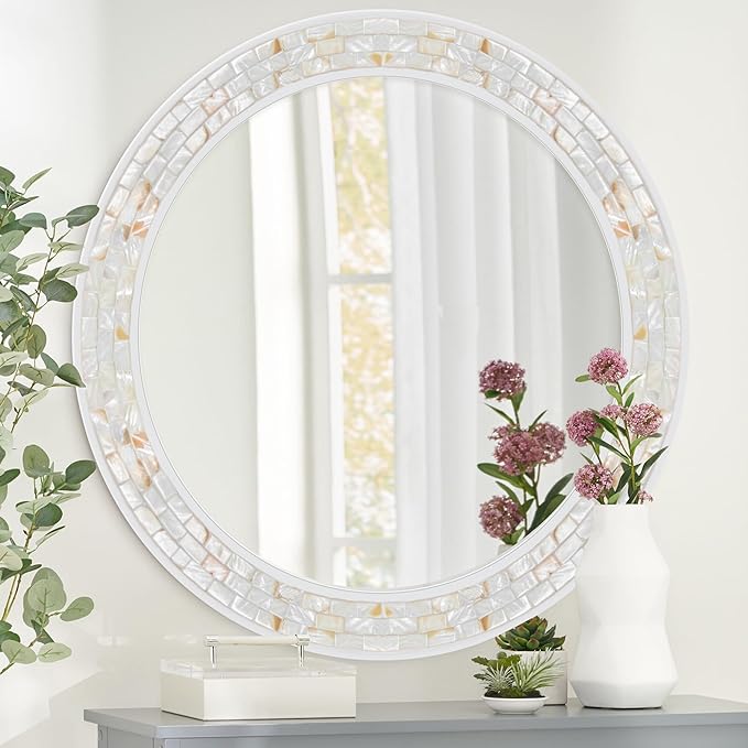 Tanmicoshomy Round Wall Mirror 28 Inch, Circle Mosaic Mirror
