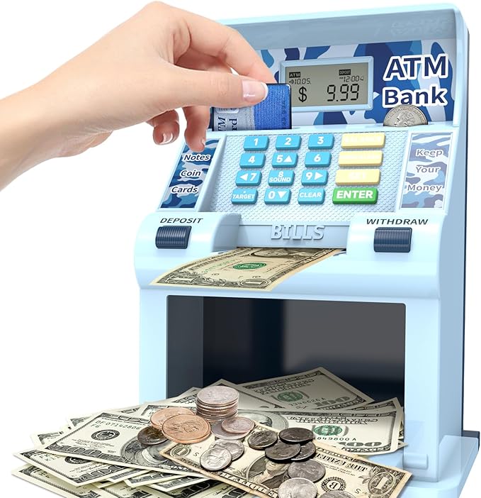 ATM Piggy Bank for Kids, Kids Bank for Real Money with Debit Card, Coin Recognition, Target Setting, Bill Feeder, Balance Calculator, Savings Machine Box, Gifts for Teen Boys Girls