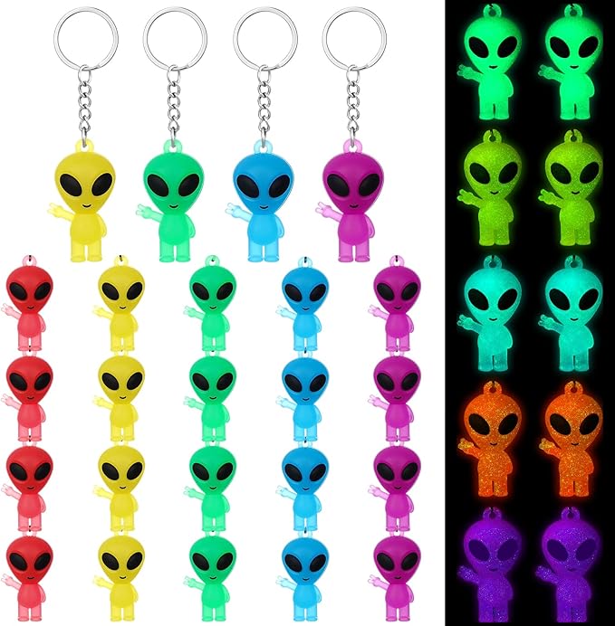 24 Pcs Alien Party Favors Alien Keychains Glow in The Dark Space Keychain Mini Aliens Figures Little Bulk Gift Prizes Goodie Bag Piñata Halloween Stuffers for Music Festival Easter (Colorful)