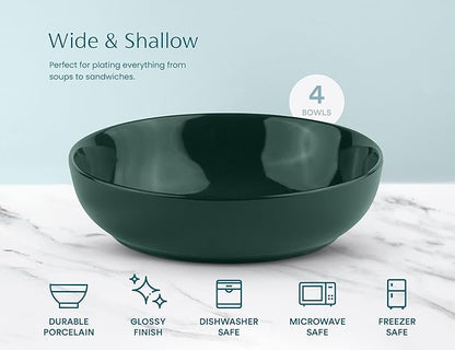 KooK Pasta Bowl, Salad Bowls, Soup, Serving Bowls, Ceramic, Large Capacity, Microwave & Dishwasher Safe, Set of 4, 40 Oz,(Hunter Green)