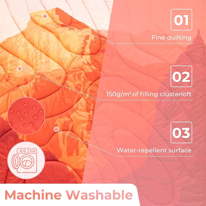 KingCamp Ultralight Camping Blanket, Packable Down Alternative Puffy Printed Wearable Blanket with Snap Buttons & Corner Loops Weatherproof Quilt for Outdoor Travel Stadium (79"L x 57"W, ORANGE)