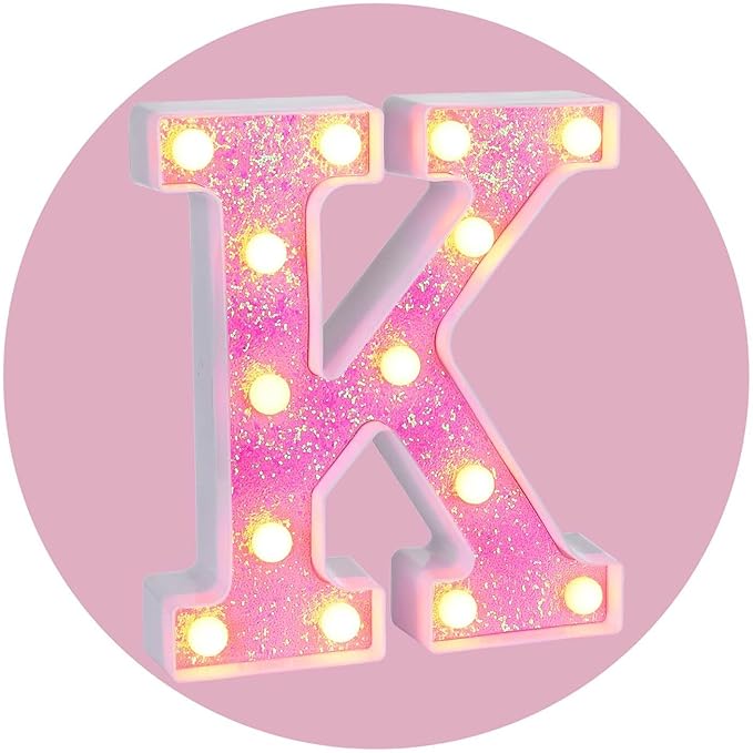 Foaky Pink Light up Letters，Pink Party Decorations,Girls Room Decor,Glitter Light Up Letters,Alphabet Letter Sign for Night Light Birthday Party Girls Gifts, Home Bar Decoration（K）