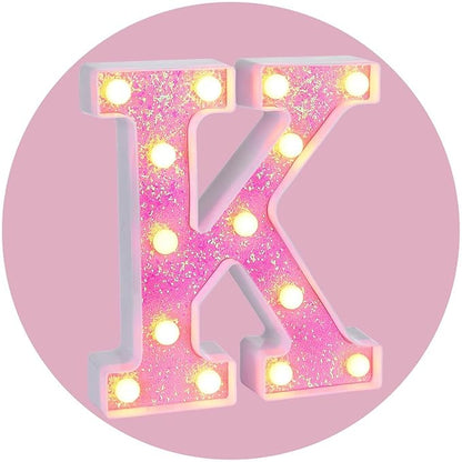 Foaky Pink Light up Letters，Pink Party Decorations,Girls Room Decor,Glitter Light Up Letters,Alphabet Letter Sign for Night Light Birthday Party Girls Gifts, Home Bar Decoration（K）