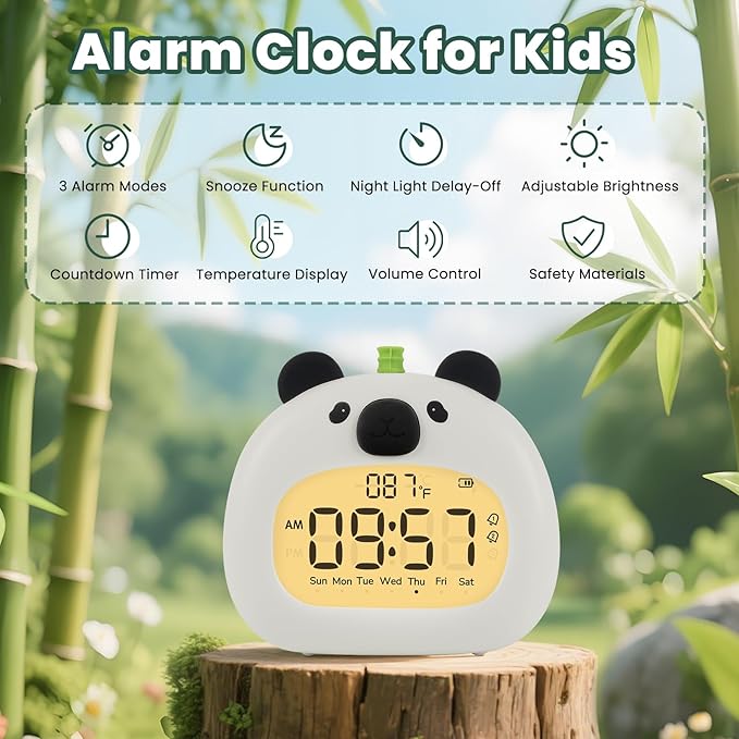 Panda Alarm Clock with Night Light for Kids – Cute Digital Sleep Trainer with LED Display, 3 Alarms, Countdown Timer, Adjustable Brightness – Rechargeable Bedside Clock for Boys and Girls