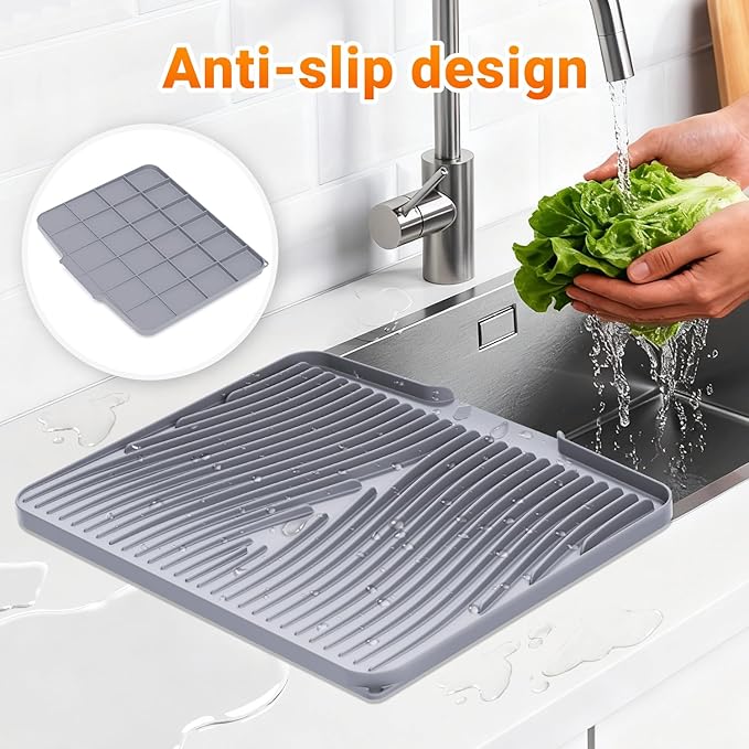 Silicone Dish Drying Mat for Kitchen Counter, Dish Drying Pad, Non-Slip Drain