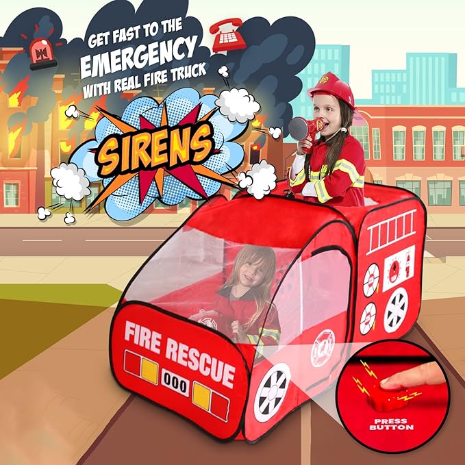 Kiddey Fire Truck Tent for Kids | Firetruck Play Tents with Sirens and Fireman Sounds for Girls, Boys, & Toddlers Gifts | Red Fire Engine Pop Up Playhouse with Costume | Indoor & Outdoor Baby Tent