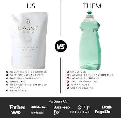 L'AVANT Dish Soap Refill, Plant-Based Grease-Cutting, Fresh Linen, 32 Fl Oz | Plant-based grease cutting, Fresh Linen fragrance, gentle on hands, non-toxic formula, refill pouch, cruelty-free, 32 fl oz