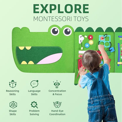 Crocodile Montessori Busy Board Toddler Busy Board, Foldable Montessoris Toys for 3+ Years Old, Activities Sensory Toys for Toddler Wall Panel