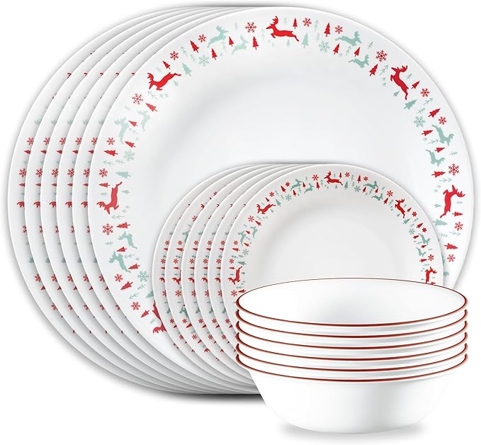 Corelle Vitrelle 18-Piece Christmas Service for 6 Dinnerware Set, Triple Layer Glass and Chip Resistant, Lightweight Round Holiday Plates and Bowls Set, Be Merry