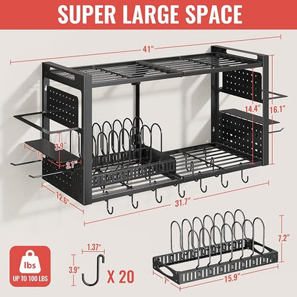 31 Inch Pot Rack Wall Mounted，3 in 1 Pots and Pans Organizer
