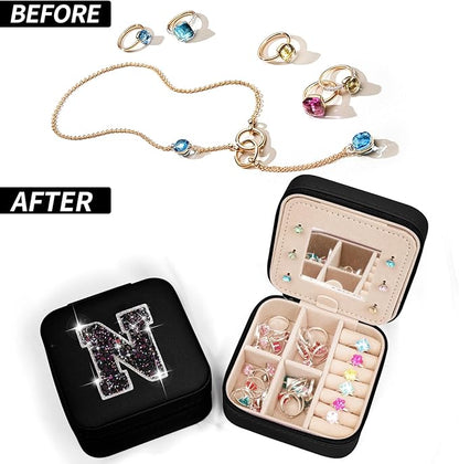 Personalized Jewelry Case for Women Girls - Fashion Mini Jewelry Boxes - Trendy Travel Jewelry Organizer with Initials Letter - Teen Gifts | Black,N