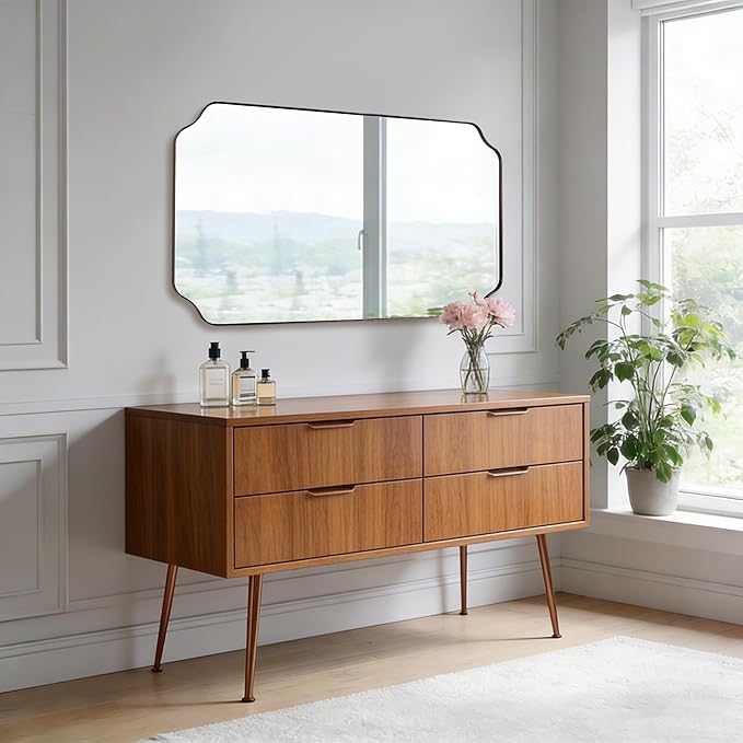 ANDY STAR 30"x48" Brushed Bronze Rectangle Mirror, Large Scalloped Bathroom